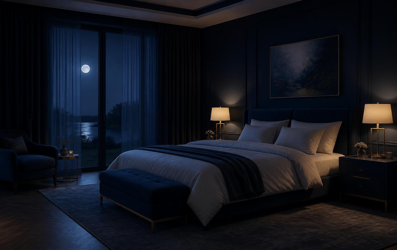 Calm, dimly lit bedroom at night with moonlight through the curtains